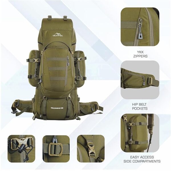 TRAWOC WILDWING 95L(80 +15) Internal Frame Travel Backpack with Detachable Daypack/Camping Hiking Trekking Bag Large Rucksack for Men & Women BHK00, 3 Year Warranty - Image 5