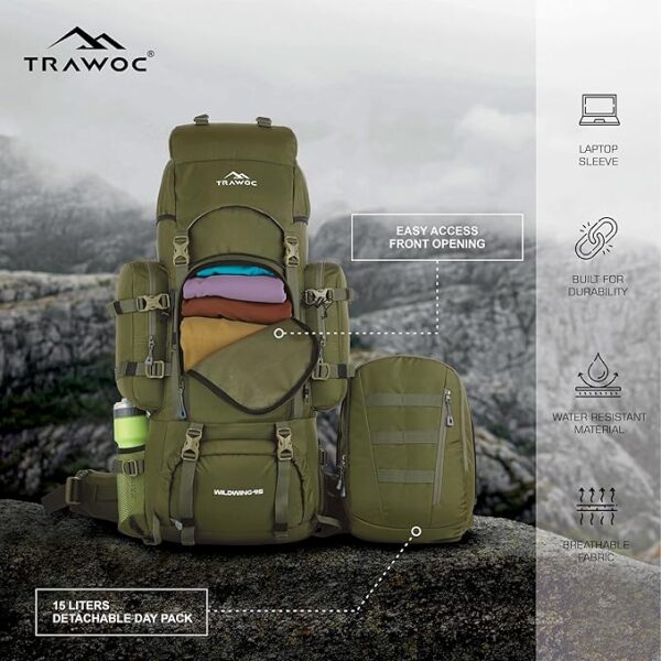 TRAWOC WILDWING 95L(80 +15) Internal Frame Travel Backpack with Detachable Daypack/Camping Hiking Trekking Bag Large Rucksack for Men & Women BHK00, 3 Year Warranty